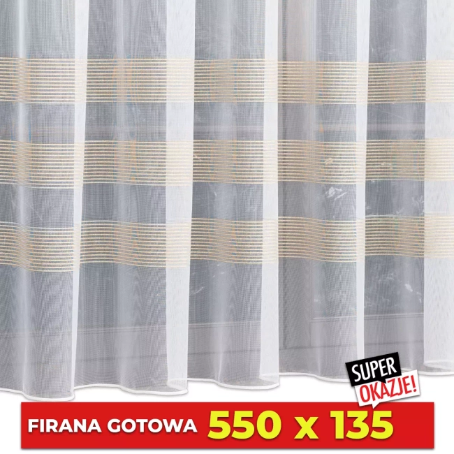 Firana gotowa 550x135 MILENA - Firana krótka, złote pasy - firany gotowe do parapetu